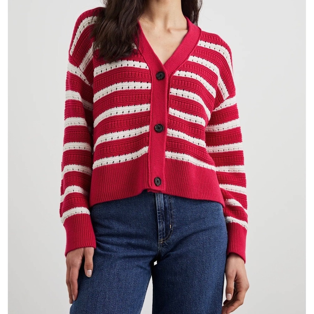 Rails Geneva Cardigan sz S  Pink‎ Striped Pointelle chunky knit cardigan preppy